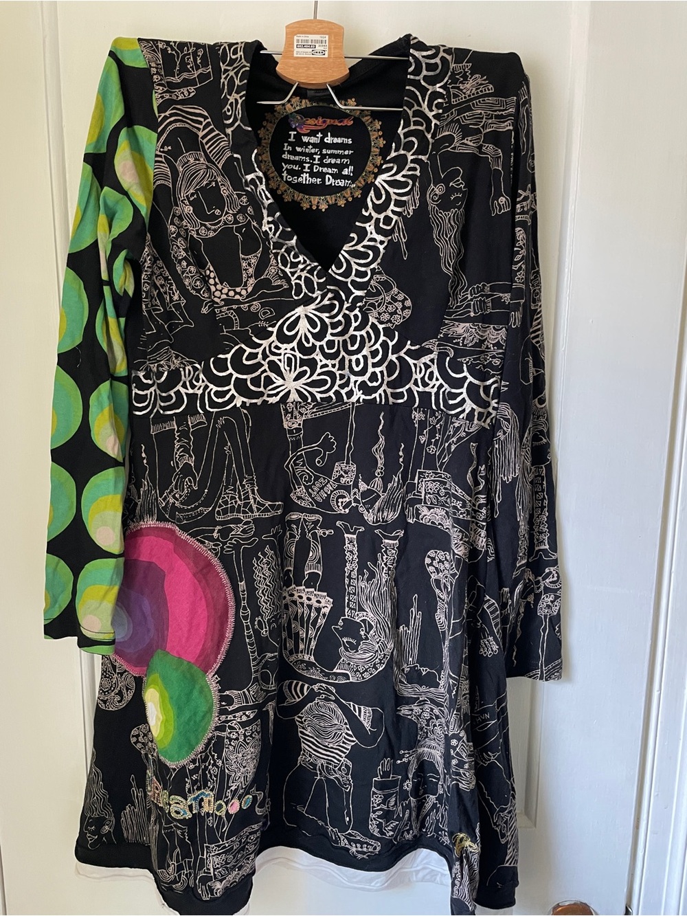 Black Patterned Long-Sleeve V-Neck Dress with Colorful Accents